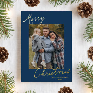 Carte De Vœux En Aluminium Élégant Joyeux Noël Script Bleu Marine Photo