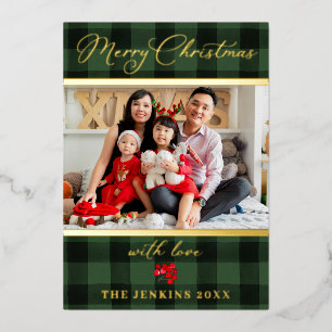 Carte De Vœux En Aluminium Elégant Joyeux Noël Vert et Rouge Photo Or