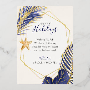 Carte De Vœux En Aluminium Elégant Marine Blue & Gold Beach Tropical Christma