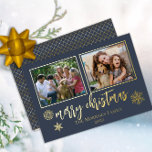 Carte De Vœux En Aluminium Elegant Merry Christmas Snowflakes 2 Photo<br><div class="desc">Classy and elegant two photo gold foil script text "Merry Christmas" with foil snowflakes and gold foil photo frames design by Holiday Hearts Designs (rights reserved).  Back features a diagonal grid pattern in faux gold.  Placeholder template photos courtesy Unsplash.</div>