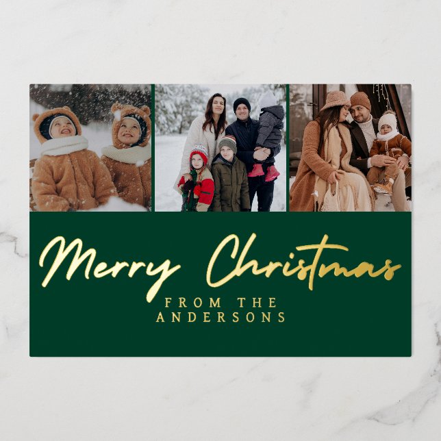 Carte De Vœux En Aluminium Elegant Minimalist 3 Photo Layout Family Christmas (Recto)