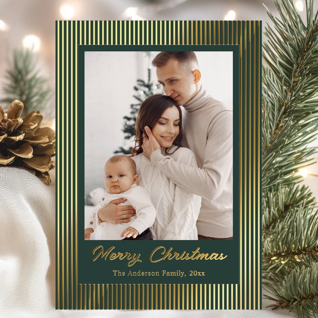 Carte De Vœux En Aluminium Elegant Minimalist Striped Green Christmas Holiday (Créateur téléchargé)