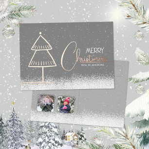 Carte De Vœux En Aluminium Élégant Minimaliste Noël Rose Doré Deux Photos
