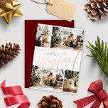 Carte De Vœux En Aluminium Élégant minimaliste Quatre Photo Joyeux Noël<br><div class="desc">Une carte de vacances en feuille de Noël avec quatre photos de famille modifiables et une calligraphie de script indiquant le mot "Joyful" au centre.</div>