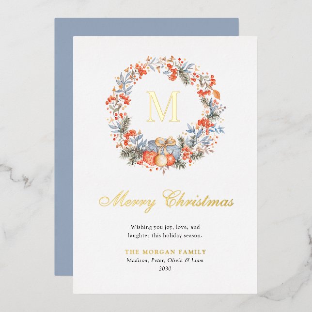 Carte De Vœux En Aluminium Elegant Monogram Wreath Dusty Blue Modern (Recto/Verso)