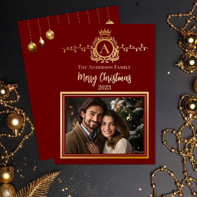 Carte De Vœux En Aluminium Élégant Monogramme Regalia | Joyeuse photo de Noël (Classy, elegant and regal monogrammed gold foil Christmas holiday design with royal-look crest)
