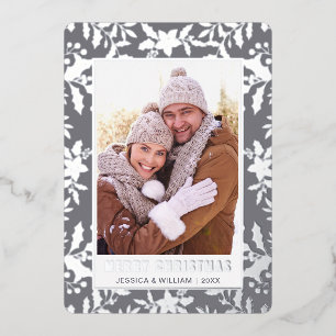 Carte De Vœux En Aluminium Élégant Noël Foliage Photo Argent