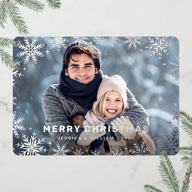 Carte De Vœux En Aluminium Élégant Noël Foliage Photo Argent (Créateur téléchargé)