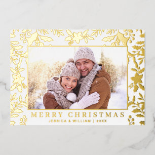 Carte De Vœux En Aluminium Élégant Noël Foliage Photo Or