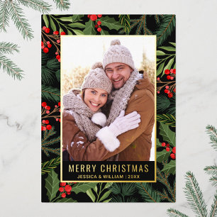 Carte De Vœux En Aluminium Élégant Noël Foliage Photo Or