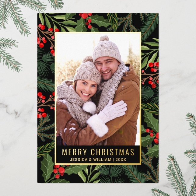 Carte De Vœux En Aluminium Élégant Noël Foliage Photo Or (Créateur téléchargé)