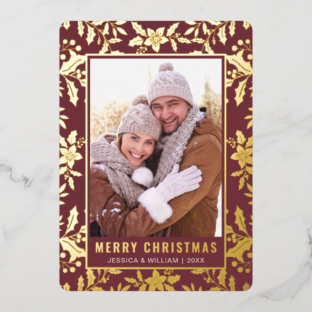 Carte De Vœux En Aluminium Élégant Noël Foliage Photo Or (Devant)