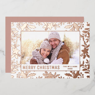 Carte De Vœux En Aluminium Élégant Noël Foliage Photo Rose Gold