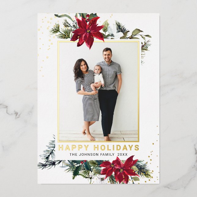 Carte De Vœux En Aluminium Elégant Noël Poinsettia Photo Gold (Recto)