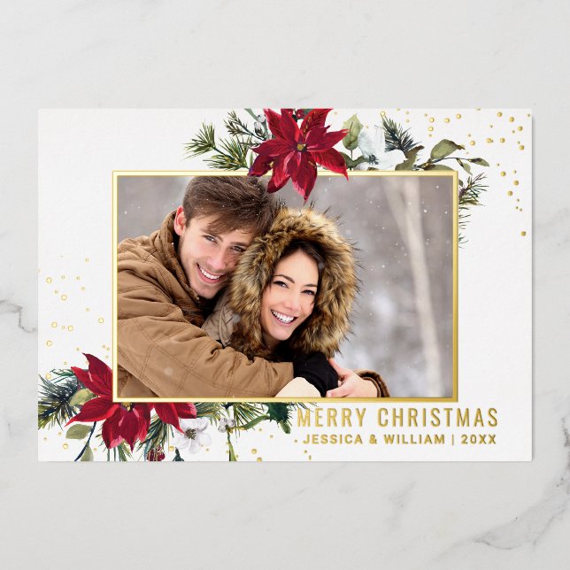 Carte De Vœux En Aluminium Elégant Noël Poinsettia Photo Gold (Recto)