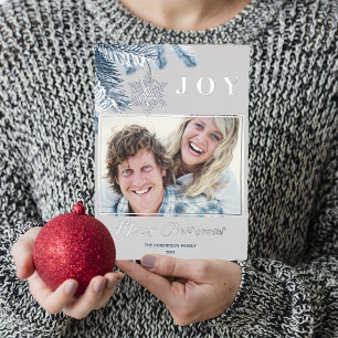 Carte De Vœux En Aluminium Élégant Noël Silver Snowflakes Blue Grey Joy