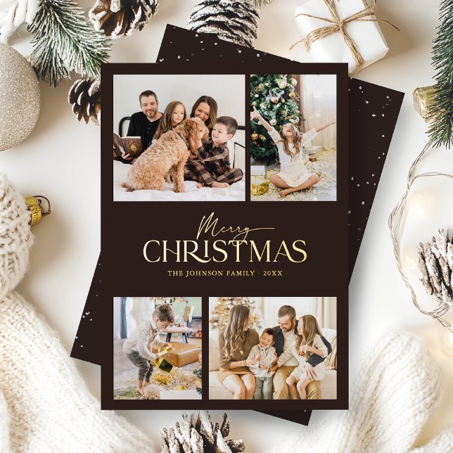 Carte De Vœux En Aluminium Elégant Noir Joyeux Noir Photo Or (Elegant modern black and gold foil typography Christmas photo card for the modern family)