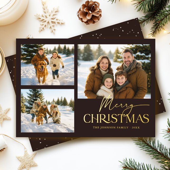 Carte De Vœux En Aluminium Élégant Noir moderne Noël Famille Photo Or (Elegant modern black and gold foil Merry Christmas family photo card)