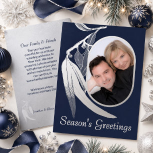 Carte De Vœux En Aluminium Élégant Photo de Noël Eucalyptus Art Navy Argent