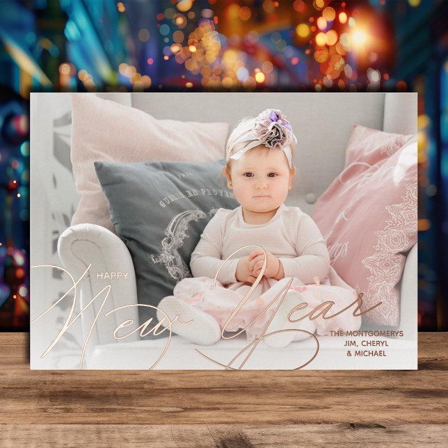 Carte De Vœux En Aluminium Elegant Photo Happy New Year Script Rose Gold (Happy New Year Script REAL Rose Gold Foil Greeting Cards)