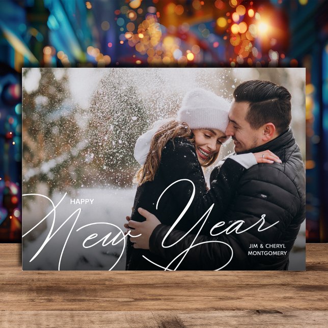Carte De Vœux En Aluminium Elegant Photo Happy New Year Script Silver (Happy New Year Script REAL Silver Foil Greeting Cards)