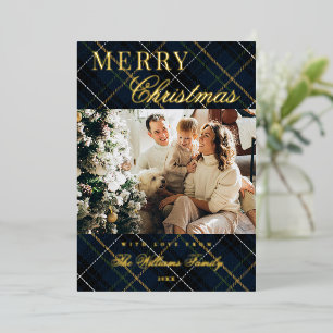 Carte De Vœux En Aluminium Élégant Plaid Bleu Classique 1 Photo Noël
