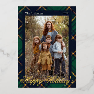 Carte De Vœux En Aluminium Élégant Plaid Vert Marine Fêtes Doré