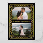 Carte De Vœux En Aluminium Élégant premier Noël 2 Photo Gold personnalisé<br><div class="desc">Un cadre élégant et orné de papier doré entoure deux de vos photos mariages.</div>