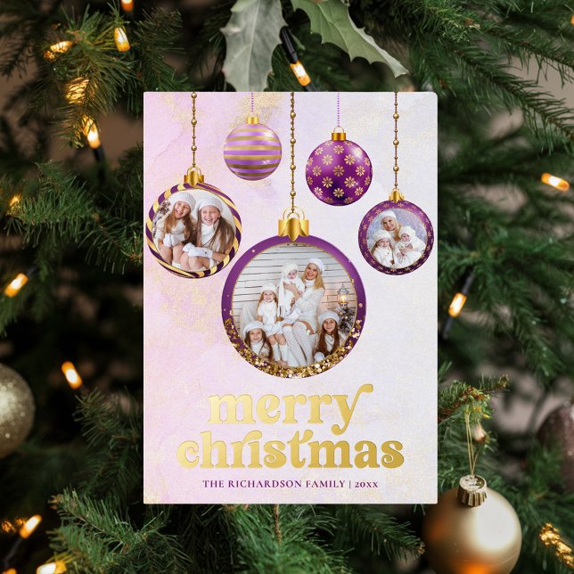 Carte De Vœux En Aluminium Elegant Purple & Gold Ornament Photo Christmas  (Elegant Purple & Gold Ornament Photo Christmas Foil Holiday Card)