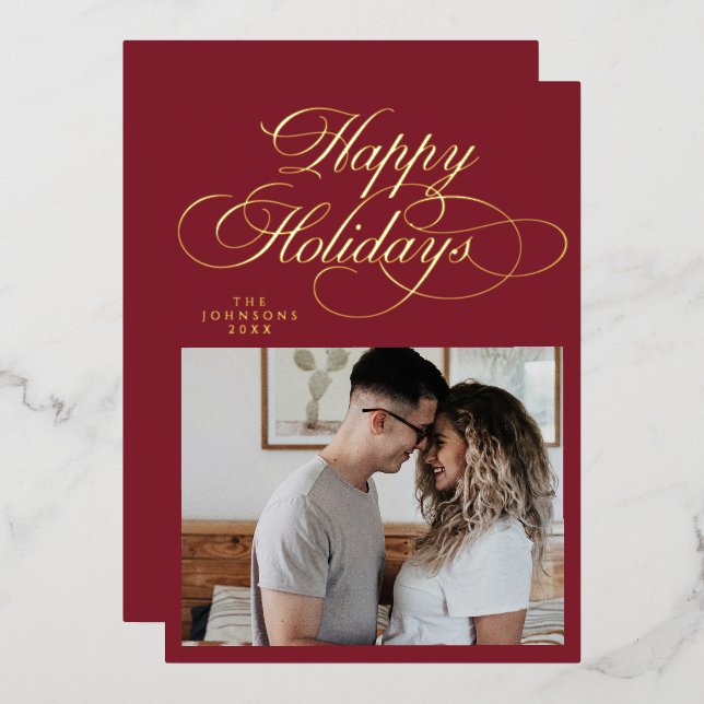 Carte De Vœux En Aluminium Elegant Red Happy Holidays Photo Christmas  (Recto/Verso)