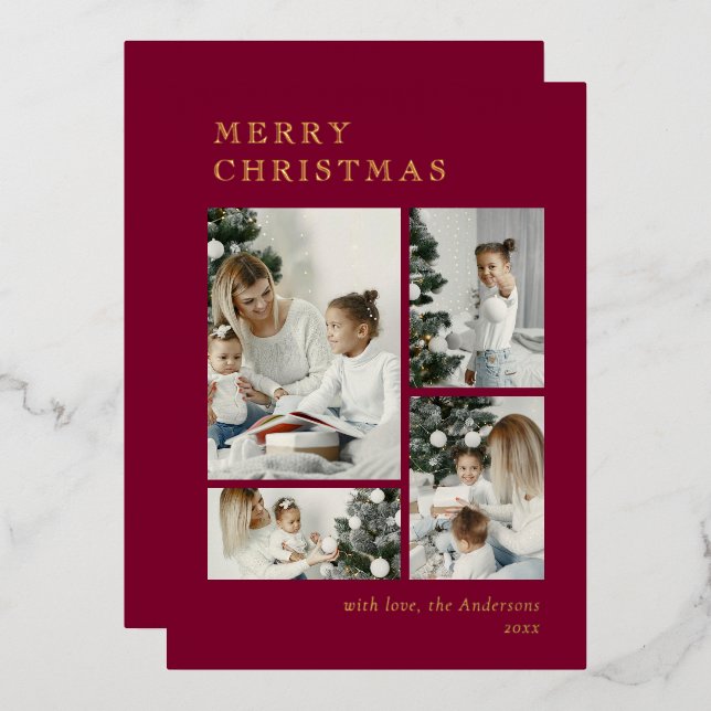 Carte De Vœux En Aluminium Elegant Red Holiday Photo Collage Christmas Card (Recto/Verso)