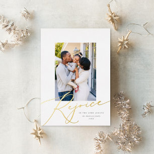 Carte De Vœux En Aluminium Elegant Rejoice Religieux Photo de Noël Or