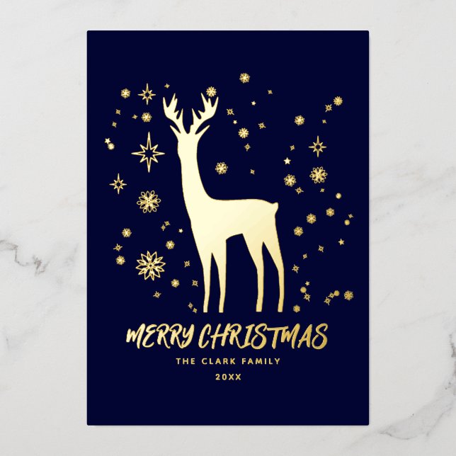 Carte De Vœux En Aluminium Élégant renne Bleu et Or Joyeux Noël (Recto)