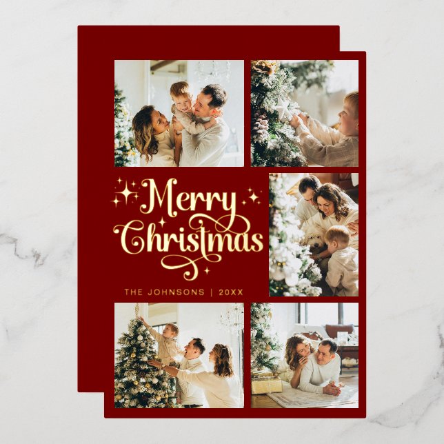 Carte De Vœux En Aluminium Elegant Retro Red & Gold Merry Christmas Family (Recto/Verso)