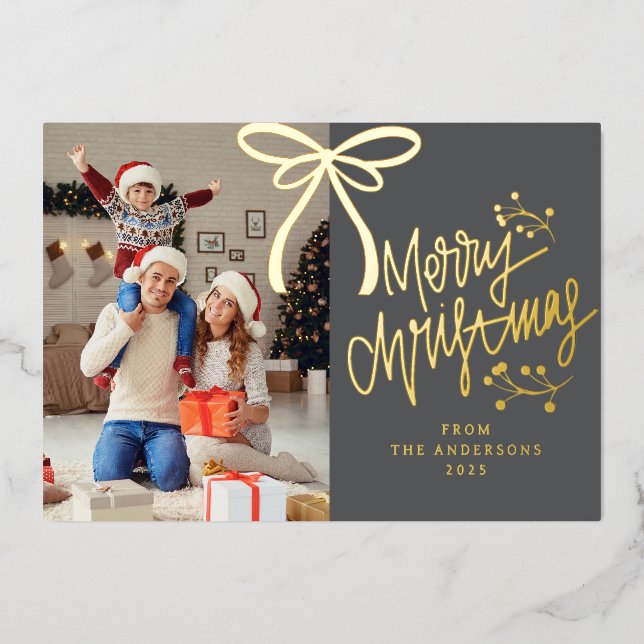 Carte De Vœux En Aluminium Elegant Ribbon & Berry Christmas Family photo (Recto)