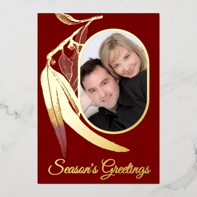 Carte De Vœux En Aluminium Elégant Rouge Gold Photo Eucalyptus Art Noël (Recto)