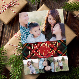 Carte De Vœux En Aluminium Elégant Rouge Tartan Noël Multi Photo Or