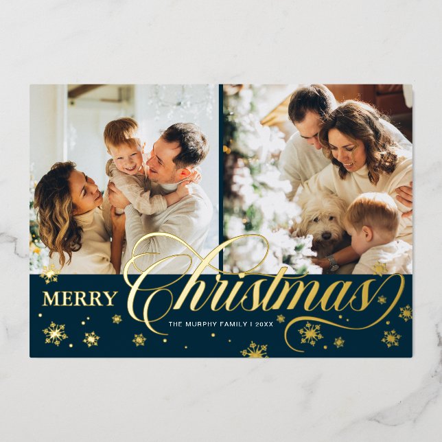 Carte De Vœux En Aluminium Élégant Script 'Joyeux Noël' 2 Photo Gold Foil (Recto)