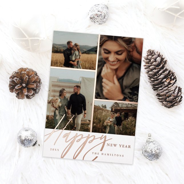 Carte De Vœux En Aluminium Élégant Script Joyeux Nouvel An Grille photo minim (Créateur téléchargé)
