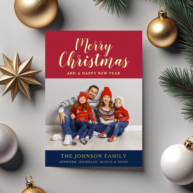 Carte De Vœux En Aluminium Élégant script photo Joyeux Noël (Elegant Script Photo Merry Christmas Foil Holiday Card)