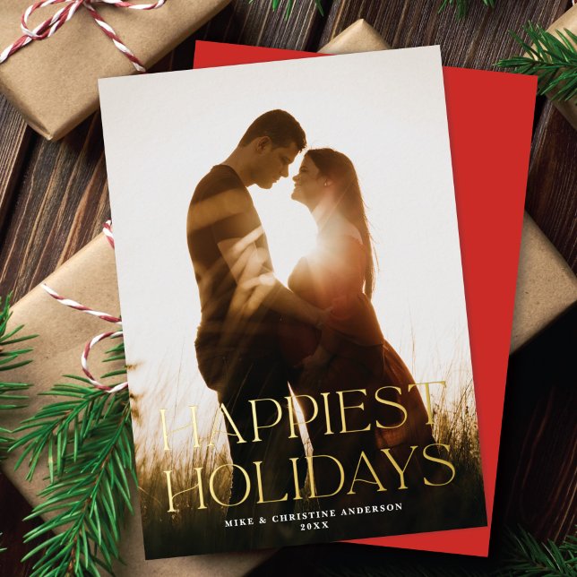 Carte De Vœux En Aluminium Elégant Simple Happiest Holidays One Photo Gold (Créateur téléchargé)