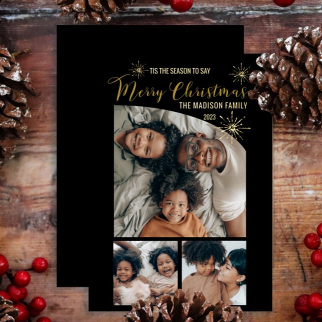 Carte De Vœux En Aluminium Élégant Tapered Top 3 photo Joyeux Noël (Say "Merry Christmas" in unique, elegant style with 3-photo gold foil cards.  Top tapered photo!)