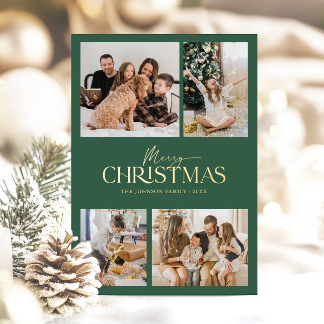 Carte De Vœux En Aluminium Élégant vert moderne Joyeux Noël Famille Photo (Tastefully modern Merry Christmas photo card with gold foil for an elegant look this Christmas)