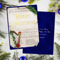Élégant Vintage Noël Musique Harpe Bleu Or
