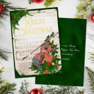 Carte De Vœux En Aluminium Élégant Vintage Noël Musique Violon Vert Or