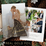 Carte De Vœux En Aluminium Elégante 6 photos mariée Joyeux or de Noël<br><div class="desc">Elégant luxueux vrai script de feuille d'or mariage nom de la photo et texte personnalisé première carte de vacances de Noël.          Veuillez noter que vous pouvez choisir la couleur du papier : or,  or rose ou argent.</div>