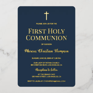 Carte De Vœux En Aluminium Elégante croix d'or bleu Première communion sainte