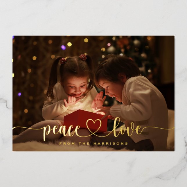 Carte De Vœux En Aluminium Elégante Gold Foil Peace Love Heart Holiday Card (Recto)
