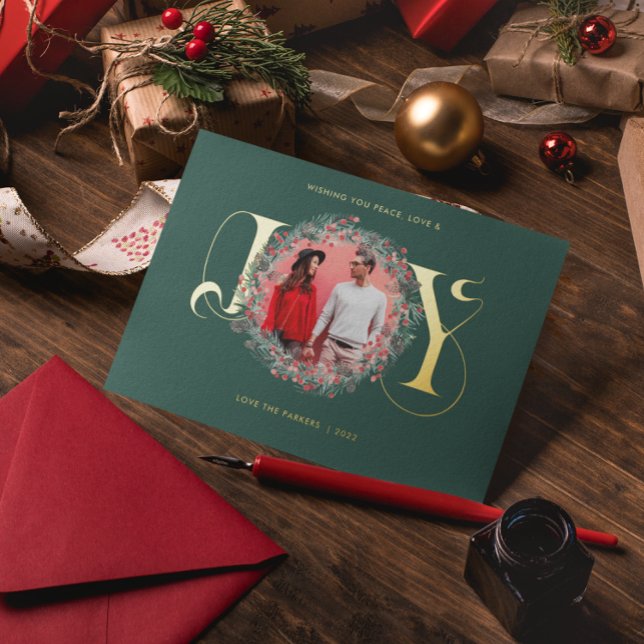 Carte De Vœux En Aluminium Elégante JOIE Noël Wreath Feuilles Berries Photo (Créateur téléchargé)