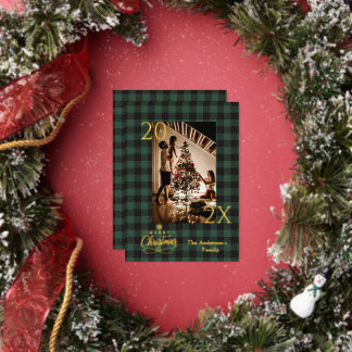 Carte De Vœux En Aluminium Élégante photo de Noël à carreaux verts buffle